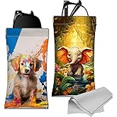 Deokke 2 PCS Glasses Case Eyeglass Sunglasses Pouch Portable Squeeze Soft Leather with Cleaning Cloth Cute Women Men Girls