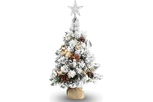 24 Inch 60CM Snowy Mini Christmas Tree, Small Tabletop Flocked Tree with LED Lights, Pine Cones, Balls, Star Tree Topper, Min