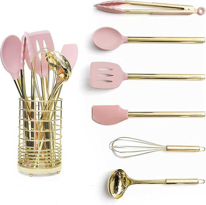 Gold & Pink Kitchen Utensil Set with Holder Pink Cooking Utensils