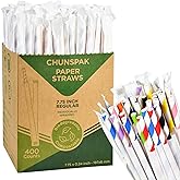 Chunspak Individually Wrapped Disposable Paper Drinking Straws 7.75'' x 0.24'' - Colorful Stripes [400 Counts] - Eco-friendly Biodegradable