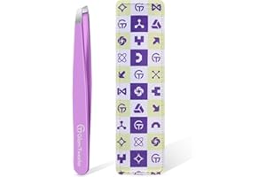Expert Slant Tip Tweezers with Leather Case, GlamTweeler Sharp & Precision Stainless Steel Tweezer for Eyebrows, Facial Hair and Fine Hairs Removal (Violet)