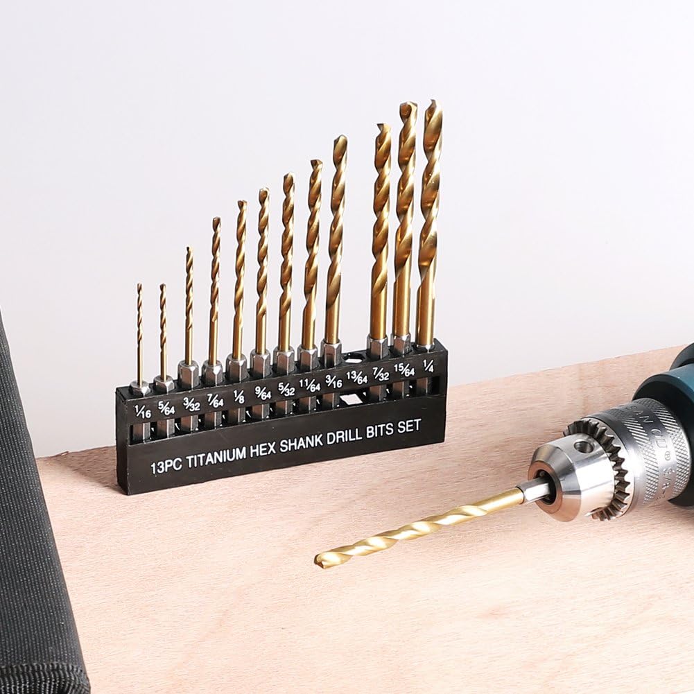COMOWARE Titanium Twist Drill Bit Set - 13 Pcs Hex Shank High Speed Steel for Wood Plastic Aluminum Alloy, Quick Change, 1/16"-1/4": Industrial & Scientific