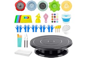 ANGELA&ALEX 11” Rotate Turnable Sculpting Canvas Spinner Kits Acrylic Pouring Strainers Scraper Cone Painter Support Stands Gloves Foldable Wash Cup Painting Brushes Glitter Tools Pattern Train Art Supplies