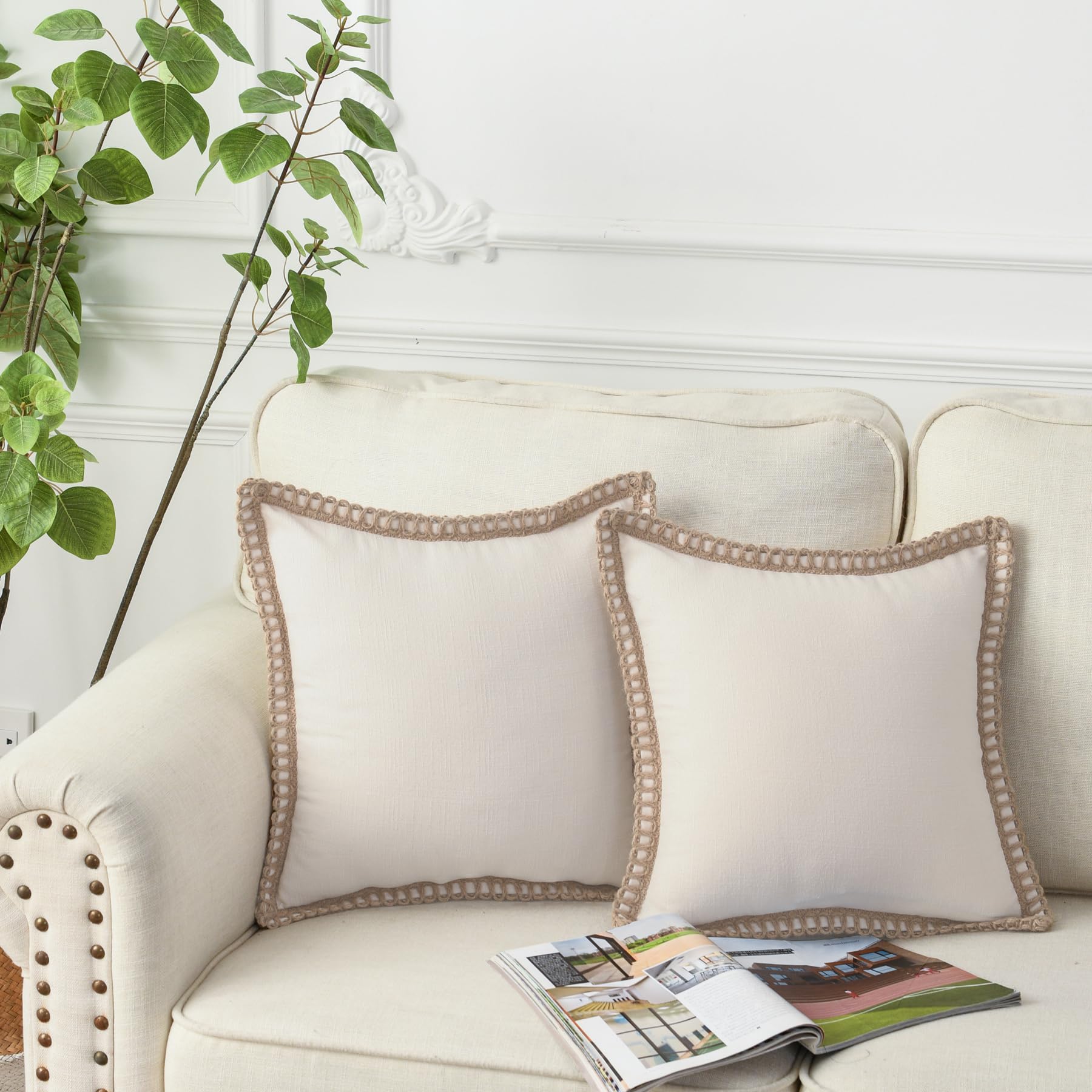 LIGICKY Pack of 2 Farmhouse Decorative Throw Pillow Covers Burlap Linen Trimmed Tailored Edges Square Pillowcases for Couch Sofa Bed Living Room, Off White 18x18 Inch