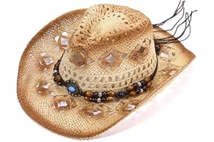 KREZIP Women's Western Cowboy Hat Outdoor Breathable Straw Hollow Cowboy Hat Fashion Holiday Beach Hat Natural Straw Summer B