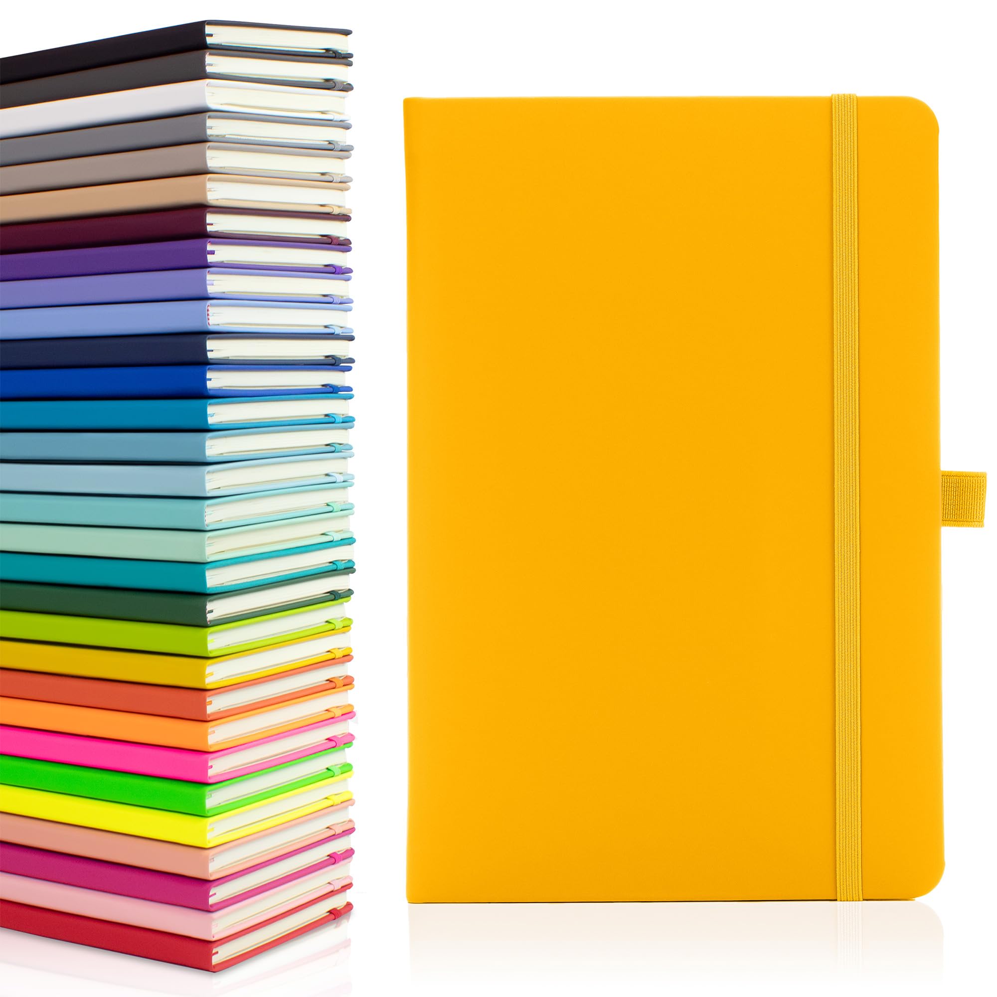 Notes London Eco A5 Notebook with Lined Pages, Pen Loop, Ribbon, Date Marks and Paper Pocket, Medium Hardback Journal, Note, sustainably sourced paper (Yellow)