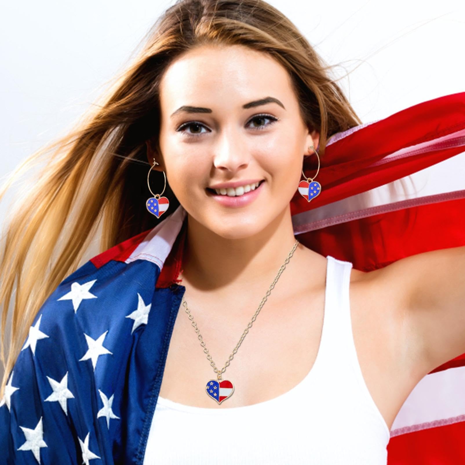 Red White Blue Patriotic Flag Necklace Earrings for Women 4th of July American Flag Pendant Necklace Independence Day Drop Dangle Earring Patriotic Jewelry Set Earrings Set Jewelry Gift