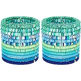 PH PandaHall 24pcs Stackable Preppy Bracelets, 12 Styles 6mm Heishi Surfer Bracelet Polymer Clay Bead Bracelets Stackable Elastic Bohemia Bracelet for Summer Beach, Green and Blue