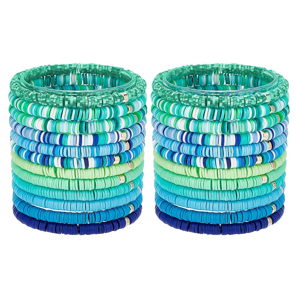 PH PandaHall 24pcs Stackable Preppy Bracelets, 12 Styles 6mm Heishi Surfer Bracelets Polymer Clay Bead Stretch Bracelet Stackable Elastic Bohemia Bracelet for Summer Beach Christmas Party