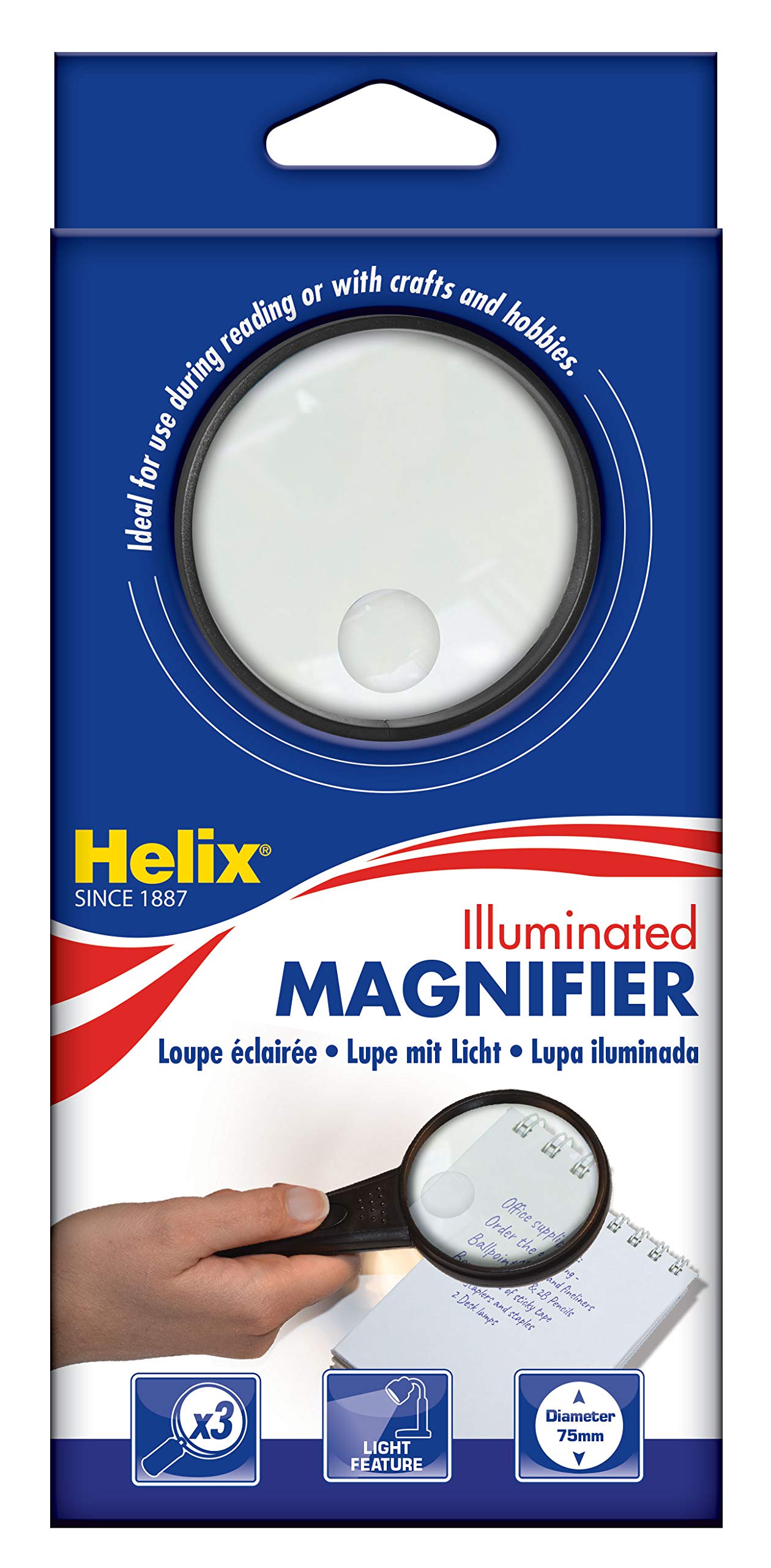 Helix Illuminated Magnifying Glass - Ideal for Reading and Crafts - Both 3X and 8X Magnification - LED Light for use in Poor Light Conditions and Extra Clarity