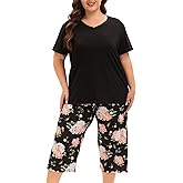 MUKVIK Plus Size Pajamas for Women Set, Womens Plus Size Short Sleeve V Neck Capri Pants Pajama Sets with Pockets