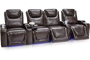 Seatcraft Equinox - Home Theater Seating - Living Room - Italian Leather - Power Recline - Powered Headrest and Lumbar Support - Arm Storage - USB Charging - Cup Holders - Row of 4 Loveseat, Brown