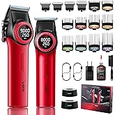 VGR 001 & 977 Professional Hair Clippers for Men, Cordless Barber Clippers and Zero Gap Trimmers Set, DLC Coating Blade Hair Cutting Kit with LED Display, USB Rechargeable Barber Set(Red)