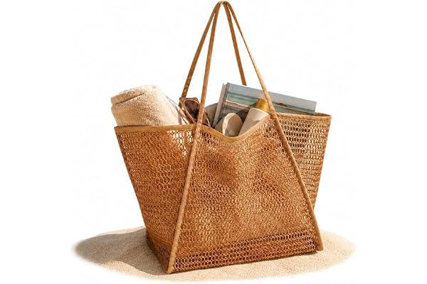 RAINFLOW Mesh Beach Tote Bag for Women - Clear Large Woven Tote for Travel | Sandproof & Foldable Packable Bag for Vacation,