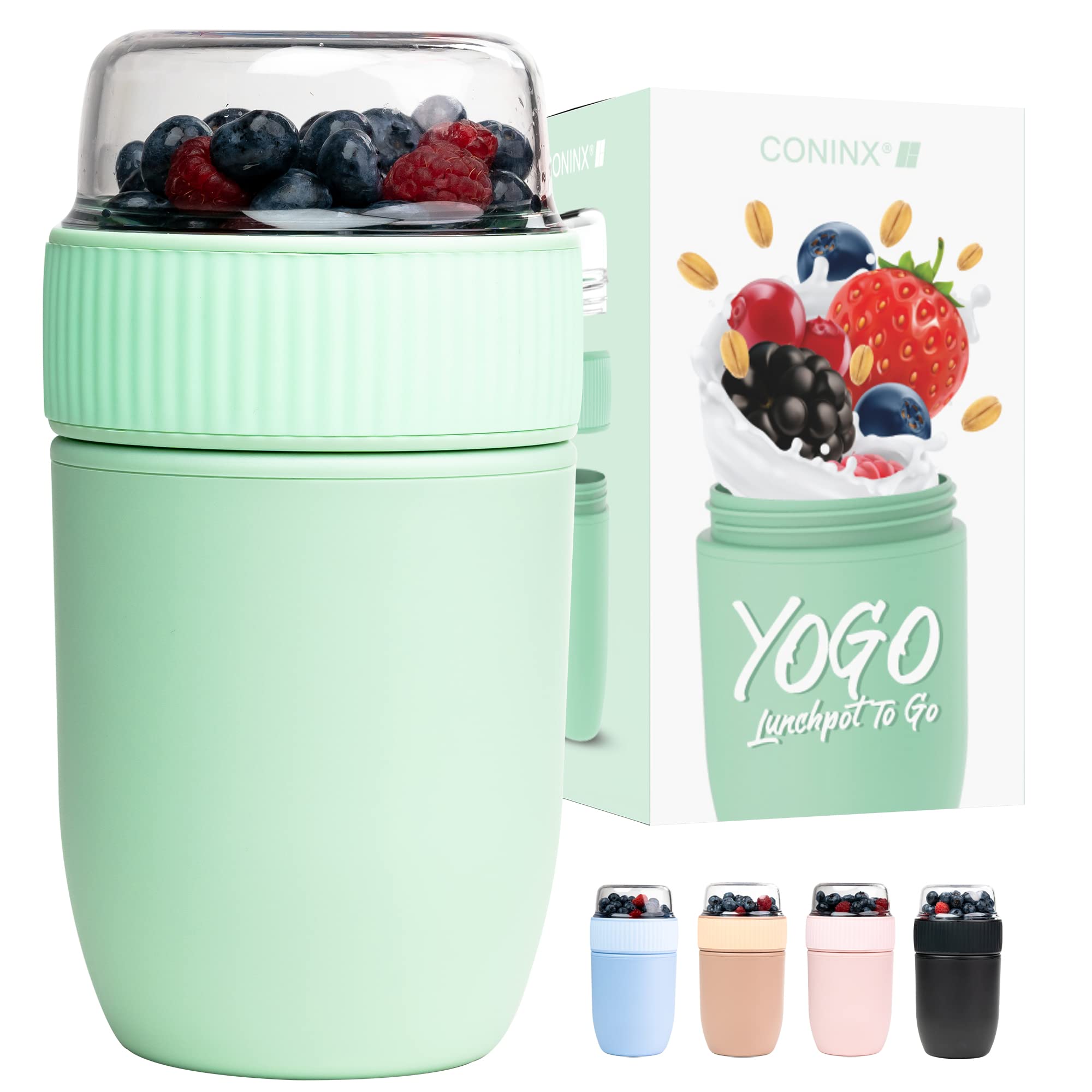 Coninx Overnight Oats Container - Lunchpot to Go - Yoghurt & Muesli Cup Reusable - Leakproof Dual Compartment - Keeps Food Separated and Fresh – Versatile Easy to Clean Breakfast Pot - Green