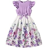 WDIRARA Girl's Floral Print Ruffle Cap Sleeve Belted Dress Swing A Line Short Dresses