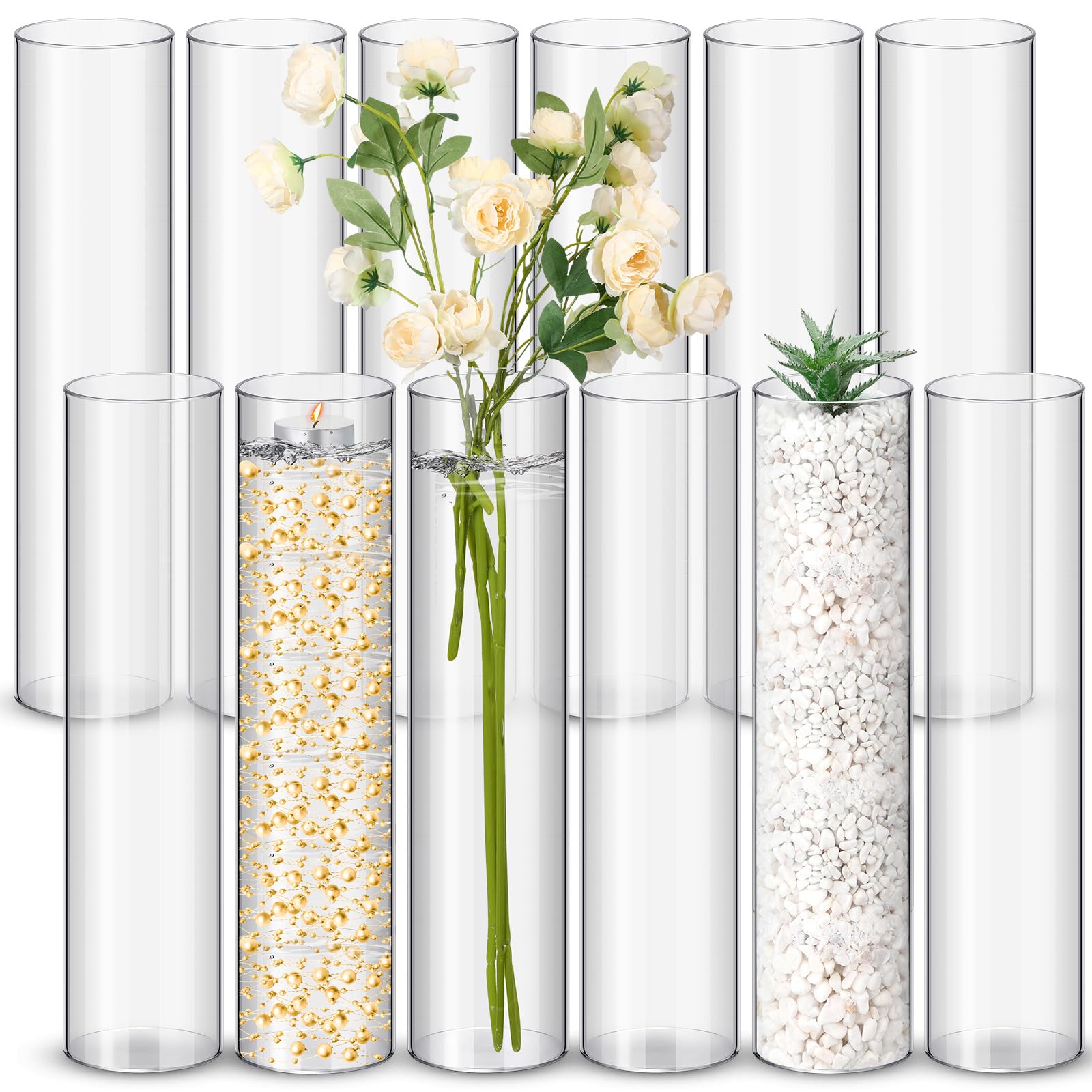 Photo 1 of Nuogo 12 Pcs Plastic Clear Cylinder Vase for Home 12 Inch Acrylic Flower Clear Vase Centerpiece for Centerpieces Wedding Party Decorations
