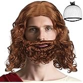 ESUNO Hair Cap+Brown Jesus Costume Wig with Beard Long Hair Wig for Men Funny Fluffy Cosplay Outfit Biblical Jesus Costume Adult Brown Curly Outfit for Halloween Party Theatrical Performance