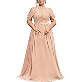 MISSMAY Women's Plus Size Dress Sequin Lace Halter with Cape Sleeves Evening Formal Maxi Dress