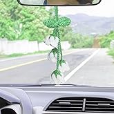 Cute Crochet White Puff Lily of The Valley Car Ornaments, Beautiful Decorative Rearview Mirror Ornaments for Car Lovers, Handmade Cute Cars Interior Decor Accessories Gifts