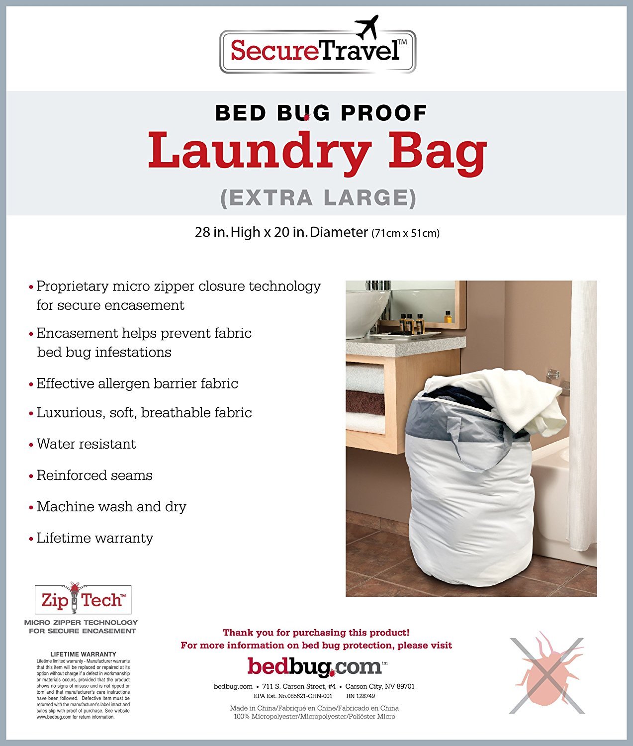 Secure Travel Premium Extra Large Laundry Tote Bag - 100% Bed Bug Proof Zipper Closure - Heavy Duty Durable w/Strong Carry Straps Handles – Lightweight Tear Resistant Material – Machine Washable