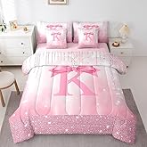 Feelyou Kids Pink Bowknot 7 Pieces Bedding Set Full Size, Personalized Initial K Bed in A Bag Princess Glitter Comforter Set with Sheets Boys Girls Bow Alphabet Teens Bed Set Bedroom Decor 7Pcs