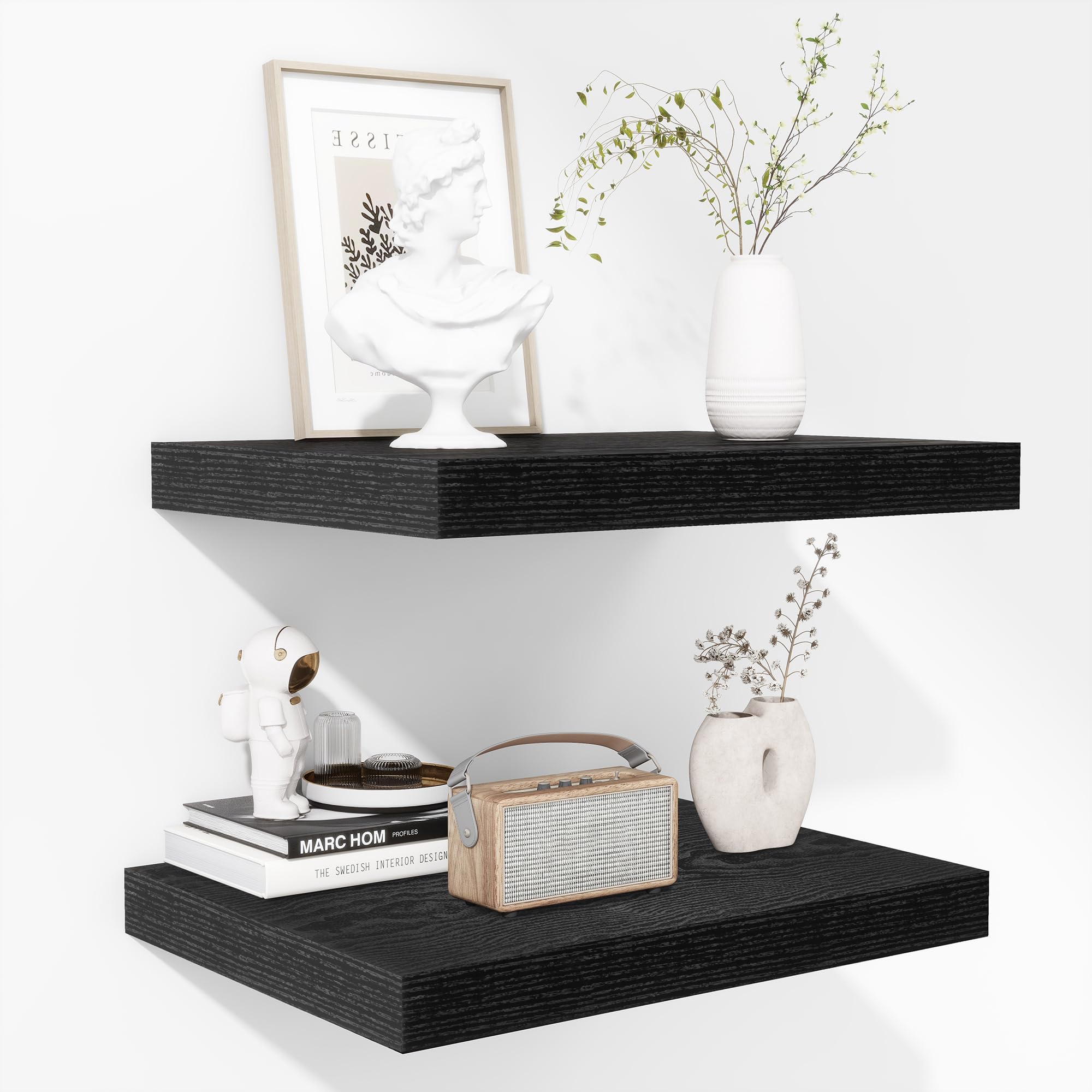 Photo 1 of Fun Memories Floating Shelves - 2 Pack 12 Inch Deep Rustic Wooden Wall Shelves - Extra Deeper & Thicker Wall Mounted Storage Shelf for Kitchen, Farmhouse - 16" W x 12" D x 1.5" H - Rustic Black