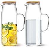 Hsei 2 Sets Glass Pitcher with Lid, 67.6 oz / 2000 ml Water Carafe with Handles Hot Cold Beverage Water Jar Glass Jug for Tea Juice Milk Coffee Iced Beverage(2l)