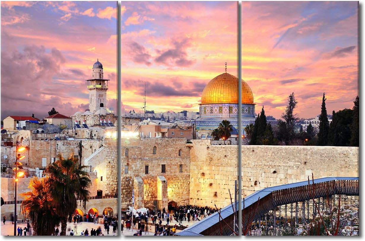 Paintings - Home Decorations for Living Room Temple Mount in Jerusalem Paintings Jerusalem Old City at Sunset Pictures 3 Piece Canvas Wall Art Artwork Framed Gallery-Wrapped Ready to Hang Gift, 42