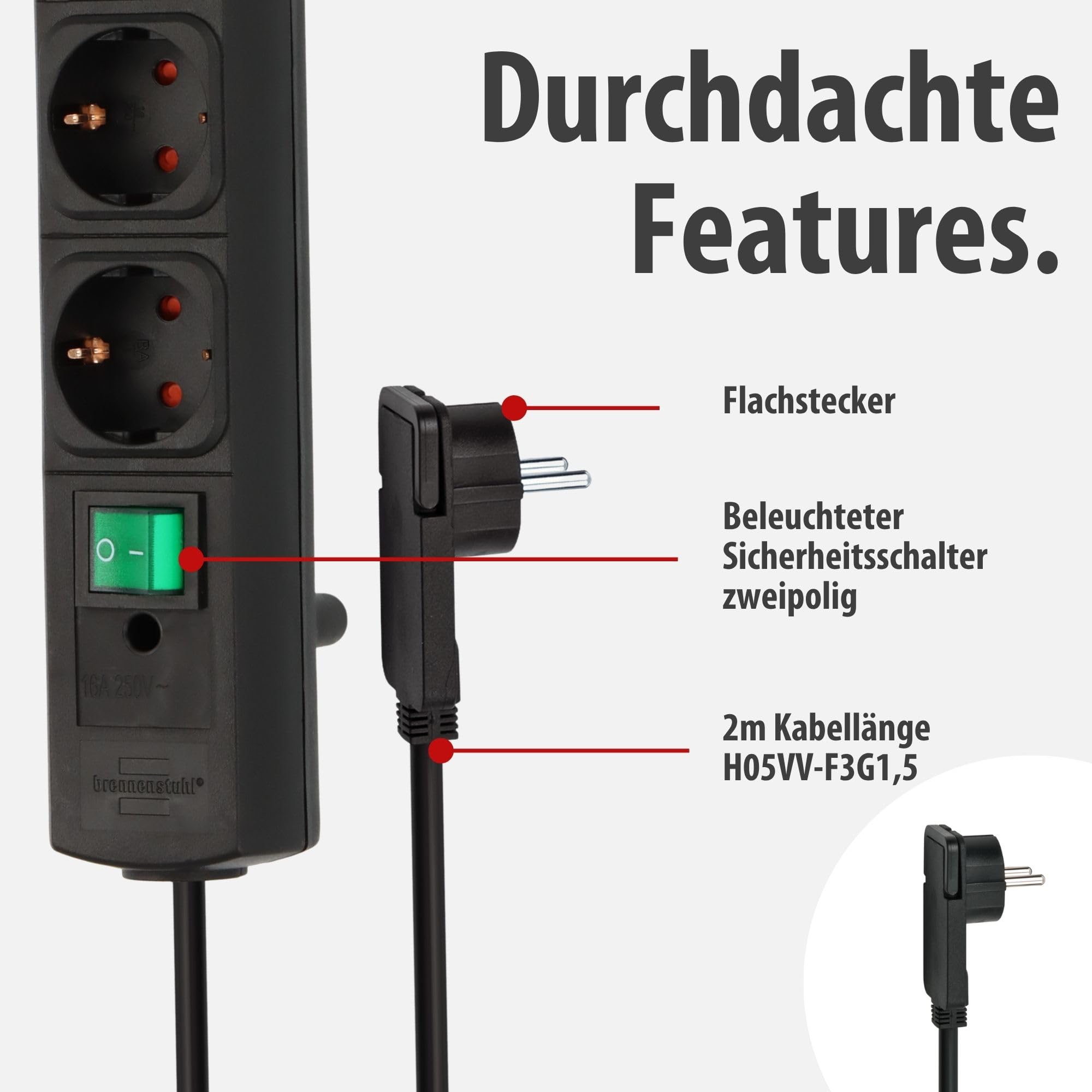 Brennenstuhl Comfort-Line Plus Steckdosenleiste 4-Fach (Mehrfachsteckdose mit Flachstecker, Schalter, 2m Kabel und extra breite Abstände der Steckdosen) schwarz 4