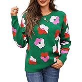 ChiaoLezhee Women's Sweater Flower Print, Color Block Crewneck Knit Casual Tops, Fall Winter Loose Floral Pullover Jumpers