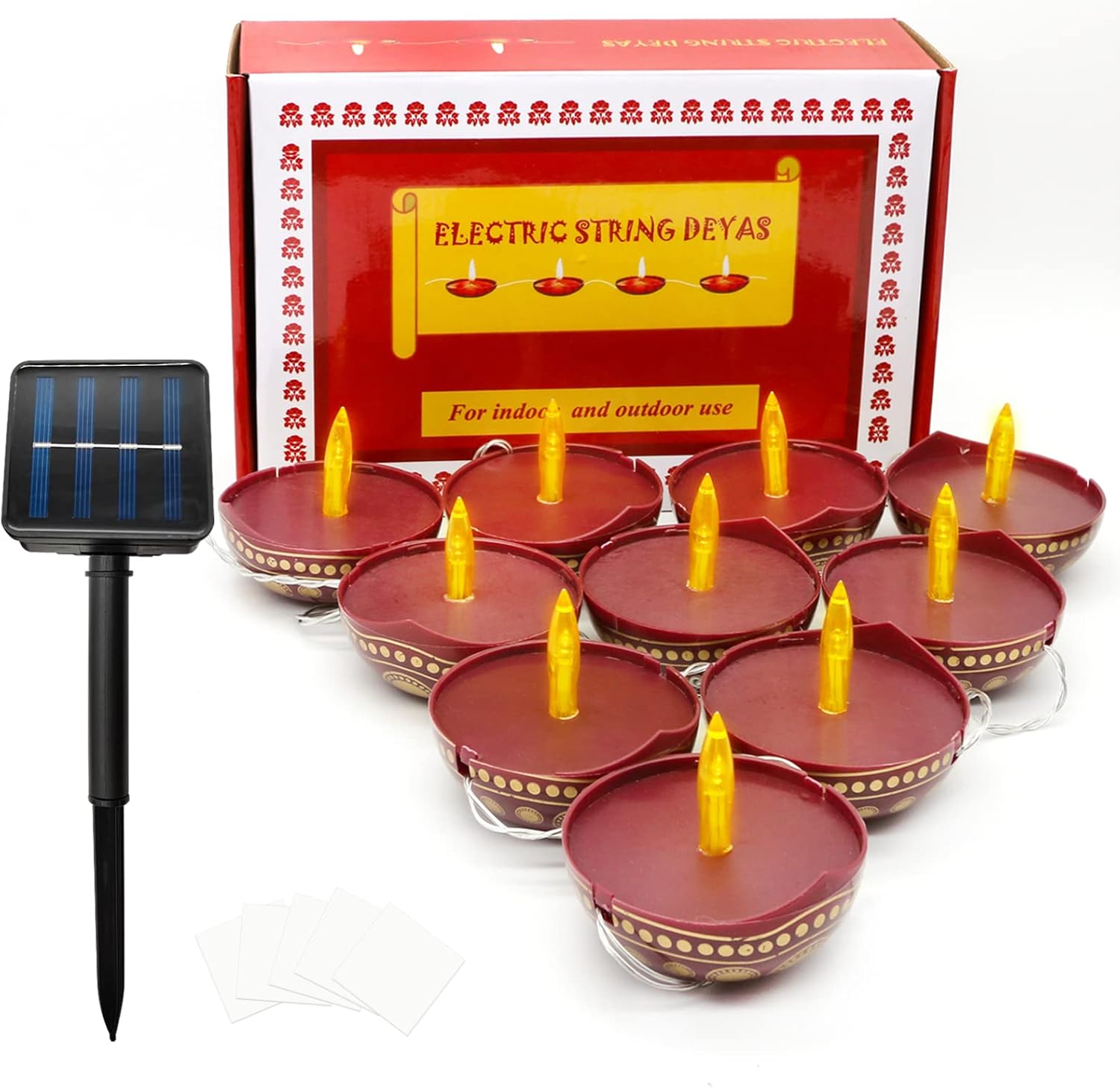 Oil Lamps & Accessories - Diwali Diyas Solar String Lights - Outdoor Waterproof Flame-Less Diya Diwali Gifts - 7.3ft Long 10pcs LED Lamps Diwali Puja Gifts Pooja Decor Indian Festive Decoration Indian Deepawali Gift Items