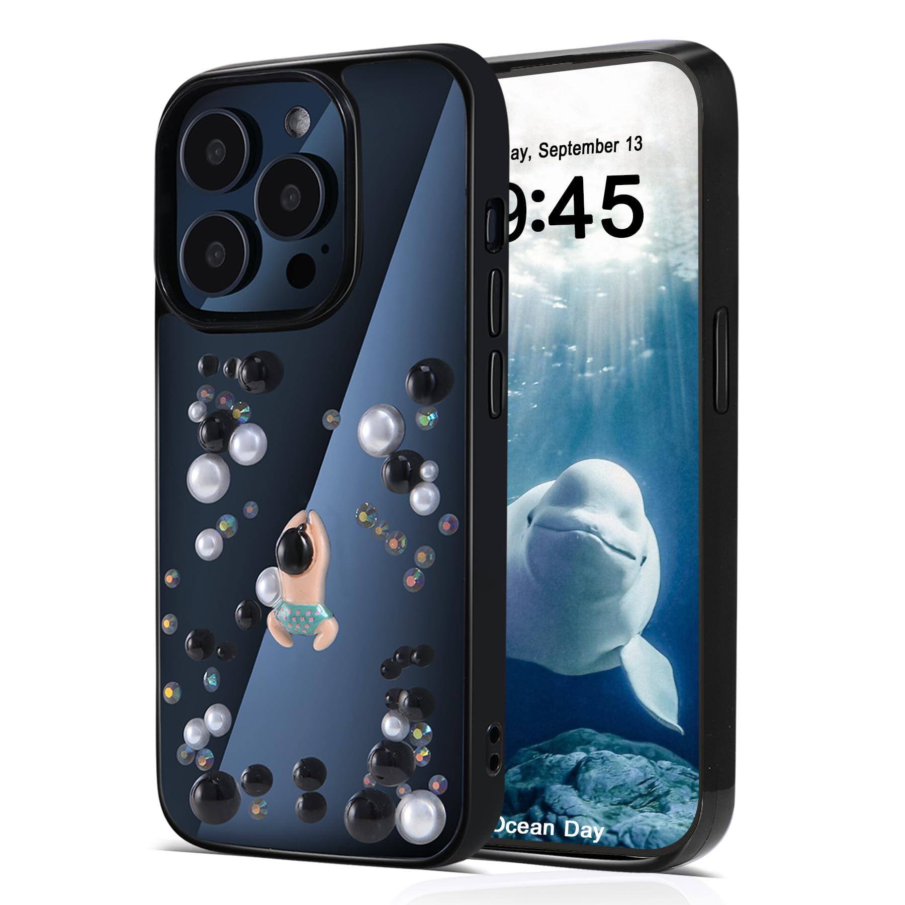 TzoMartico Case for iPhone 15 Pro Case 6.1 inch, Shockproof Hard Case Pearl Cute Case Clear - Black + Colorful Black