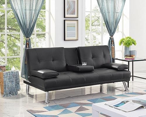 Naomi Home Futon Sofa with Armrest and Cupholders Black