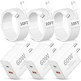 iPhone 17 16 15 Pro Max Charger Fast Charging, 3 Pack 60W Dual Port USB C Wall Charger Block with 10FT Long Type C Charging Cable Cord for iPhone 17/17 Pro Max/Air/16/15/Plus/Pro Max, iPad, AirPods