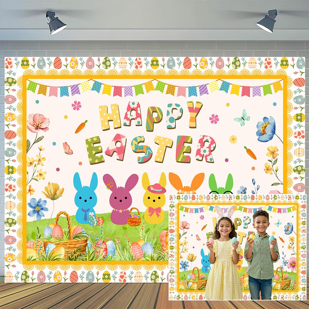 Photo 1 of 10 x 8 ft Happy Easter Backdrop Cute Easter Bunny Style Colorful Egg Party Backdrop Decoration Spring Cartoon Holiday Kids Sunday School Party Wall Decorations Photography Banner