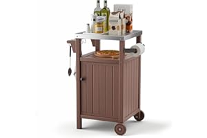 TORVA Portable Outdoor Grill Cart with Storage,Waterproof Outdoor Cabinet for Patio Grill,Stainless Steel Tabletop Outdoor Kitchen Island,BBQ Cabinet with Wheels,Hooks and Side Shelf(Brown)