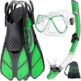 Zenoplige Snorkeling Gear for Adults, Panoramic Mask Anti-Fog &amp; Dry Snorkel | Panoramic anti-fog mask with tempered glass lens, dry top snorkel, adjustable fins &amp; travel bag for swimming and diving