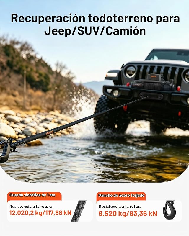 Cuerda de cabrestante de 9,5 mm x 30,5 m, cable sintético de resistencia a la rotura de 117,9 kN con funda protectora, gancho de cabrestante forjado, correa de tracción para SUV, vehículos todot