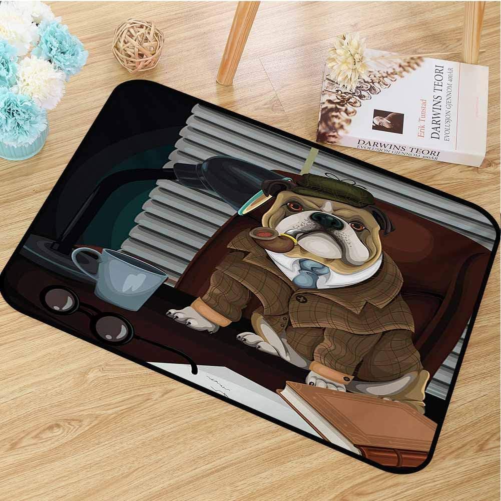 hengshu English Bulldog Welcome Door mat Traditional English Detective Dog with a Pipe and Hat Sherlock Holmes Image Door mat is odorless and Durable W19.7 x L31.5 Inch Multicolor