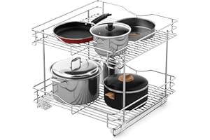 Fulgente Pull Out Cabinet Organizer 2 Tier (17"W x 18"D x 15.12"H), Heavy Duty Steel Slide-Out Shelves with Chrome Finish - f