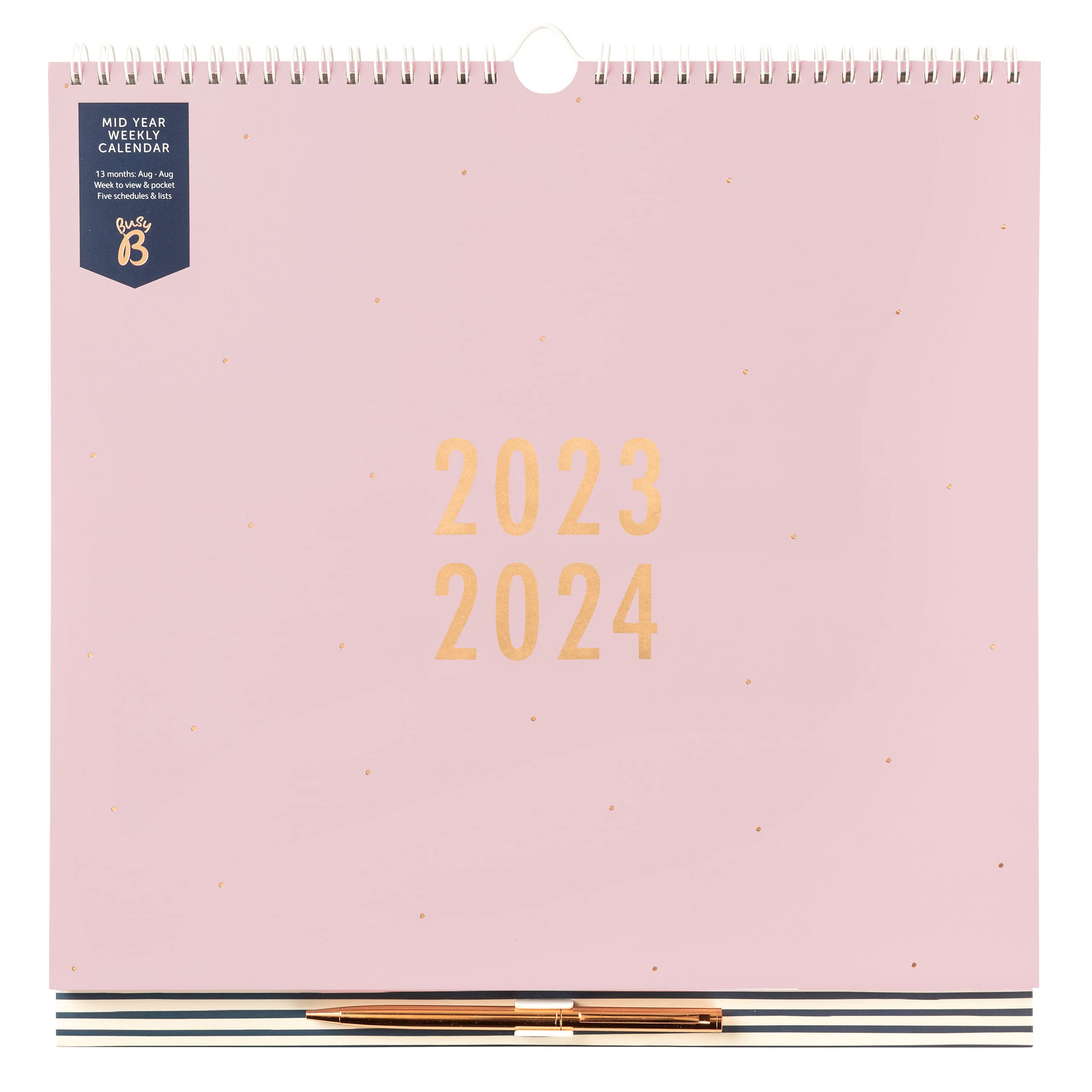 Busy B Mid Year Weekly Family Calendar August 2023 - August 2024 - Rose - Week to View Calendar with 6 Columns for Family Members & Birthdays, Meal Planner, Tear-Off Shopping Lists, Pocket and Pen.
