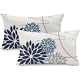 Blue and Gray Floral Pillow Covers 12x20 Set of 2 Outdoor Waterproof White Colored Decorative Throw Pillows Summer Pillowcase Polyester Cushion Case Decor for Couch Patio Funiture Garden Porch 01B12