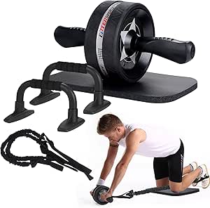 EnterSports AB Wheel Roller, 6-in-1 Exercise Roller Wheel Kit with Knee Pad, Resistance Bands, Pad Push Up Bars Handles Grips , Perfect Home Gym Equipment for Men Women Abdominal Roller
