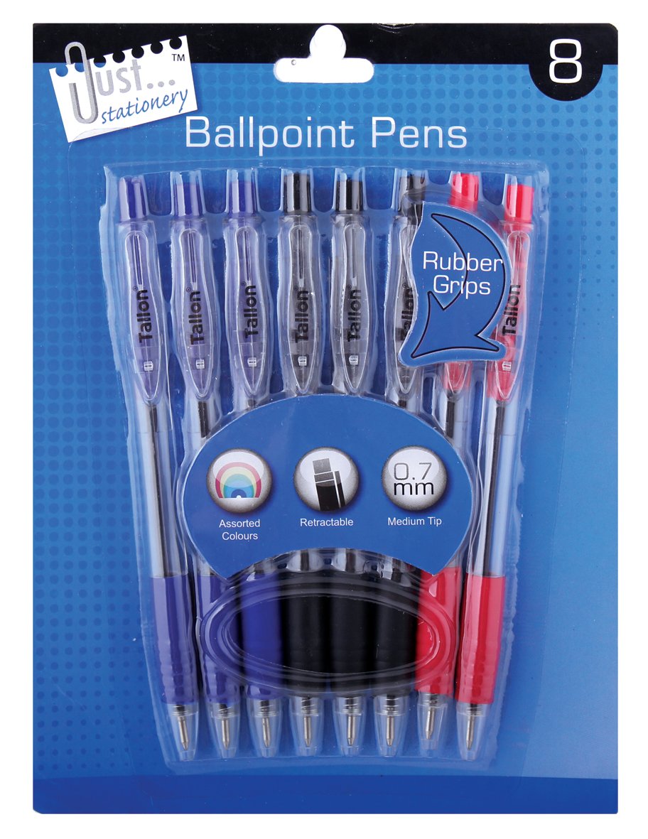 Just stationery Retractable Rubber Grip Pen (Pack of 8), 5634