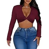 LovelyWholesale Women Long Sleeve Crop Top Twist Front Tops Sexy V Neck T Shirts