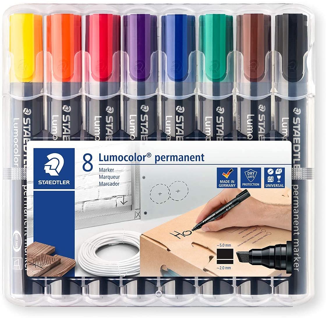 Staedtler Lumocolor 350 WP8 Permanent Marker Chisel Tip 2 mm or 5 mm, Stackable Box with 8 Colours