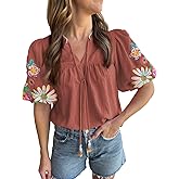 Ecosunny Women's Boho Embroidered Tops V Neck Floral Short Puff Sleeve Casual Shirts Loose Tunic Summer Blouses Fashion 2026