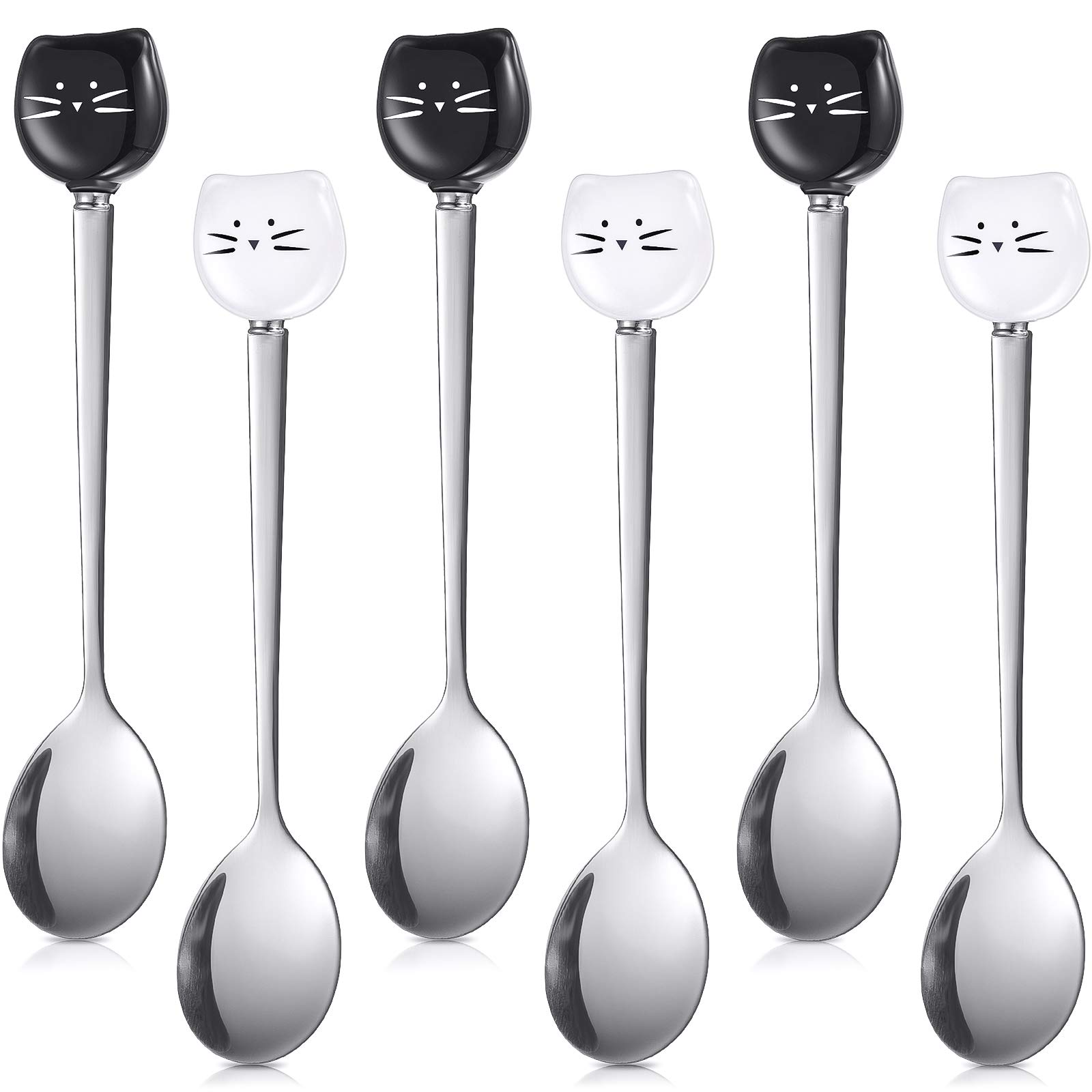 Photo 1 of 6 Pieces Cat Coffee Spoon Cute Stainless Steel Cat Head Spoon, Lovely Ice Cream Dessert Tool for Stirring Tea Coffee Sugar Dessert (Black, White)