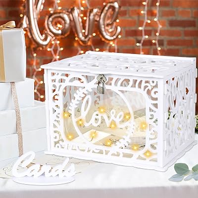 GUDELAK White Wedding Card Box with Lock and LED Light String 12.2x8.6x9.3 in